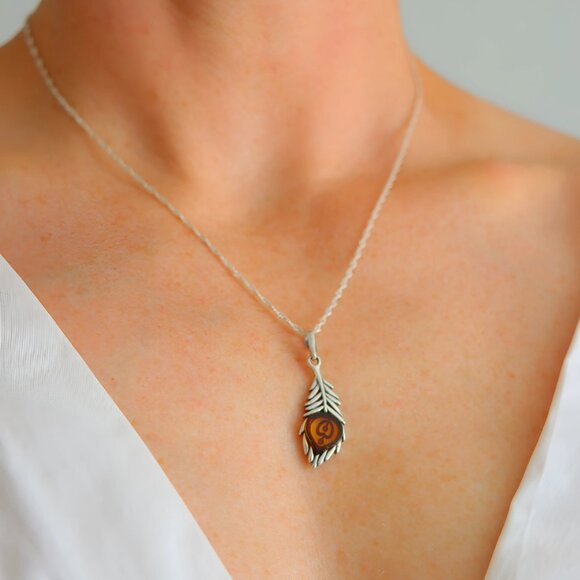 Silver Feather Pendant -Baltic Amber Necklace -s925 - Picture 1 of 6